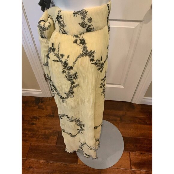Ganni Light Yellow & Black Floral Pleated Georgette Maxi Skirt, Size XL (42) NWT - Picture 4 of 8